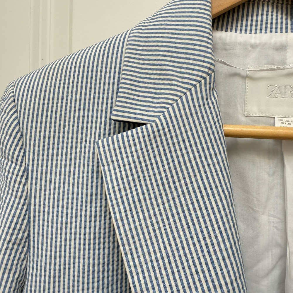 Zara Seersucker Blazer Blue and White Size M - Picture 9 of 9